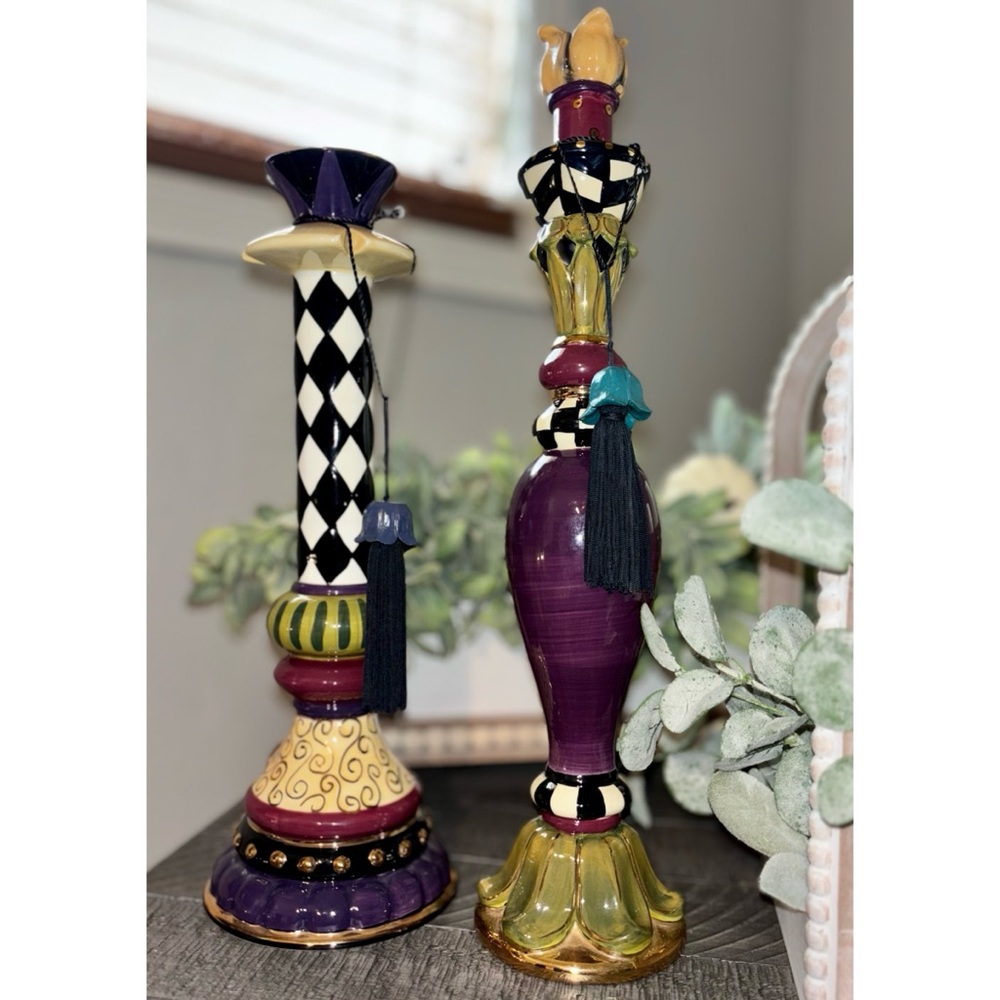 Joyce Shelton Hand Painted Taper Candle Sticks with Tassels